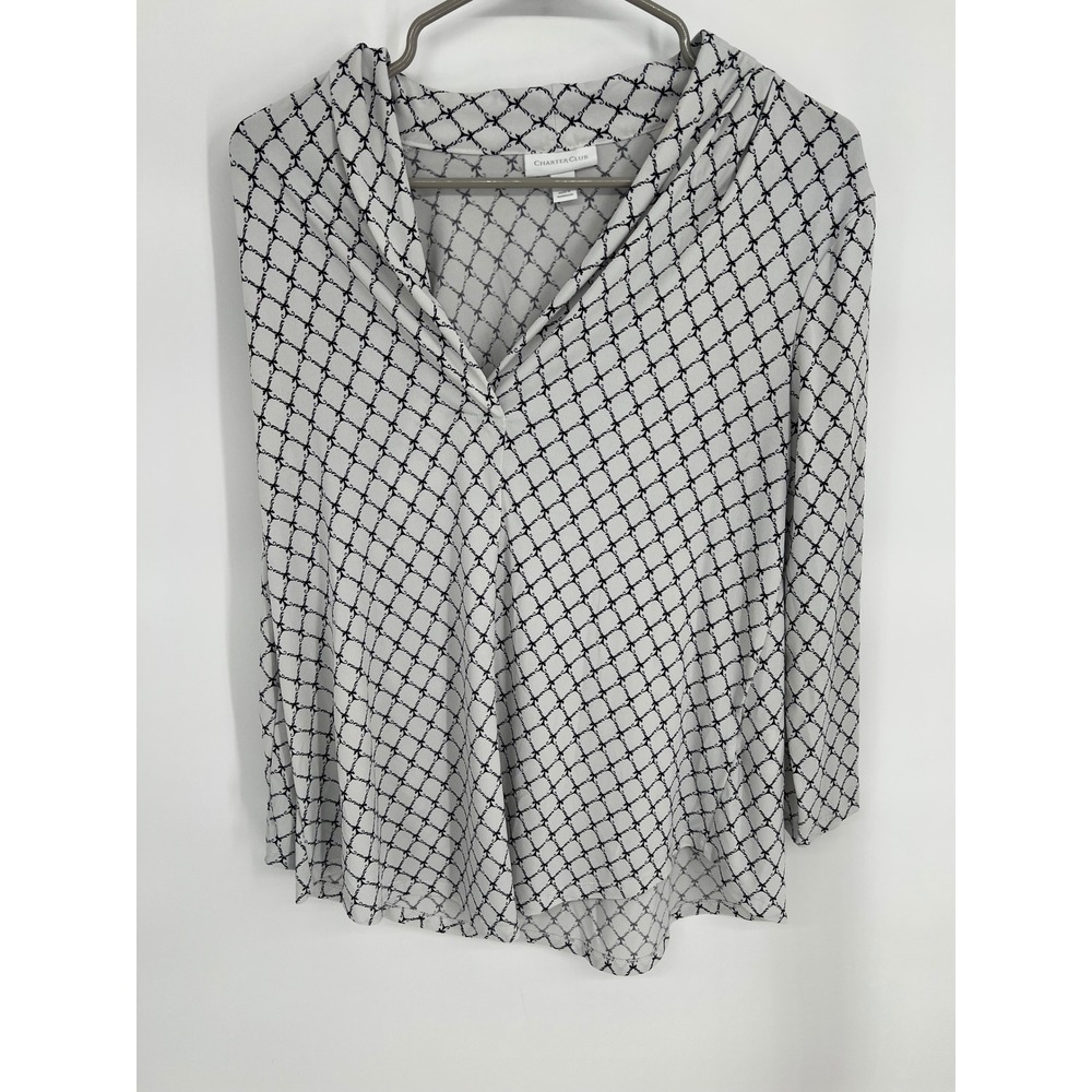 Charter Club‎ Womens Medium White Black Lattice Scroll V-Neck Long Sleeve Blouse